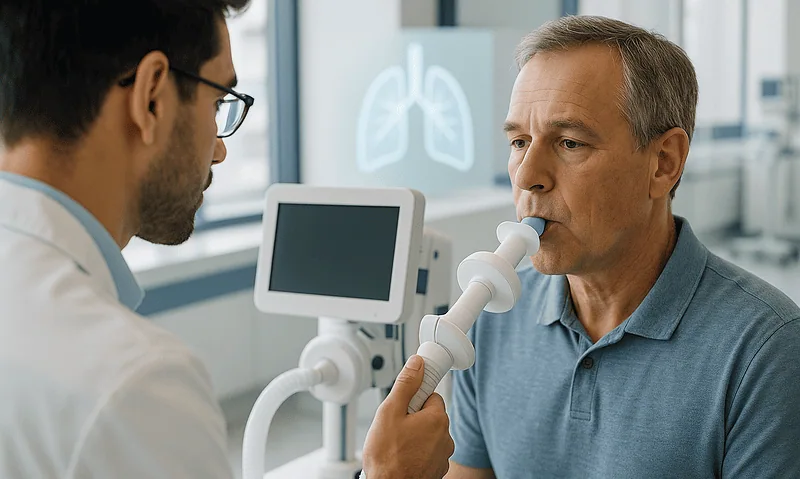 Doctor performs lung function test on patient in a medical clinic.