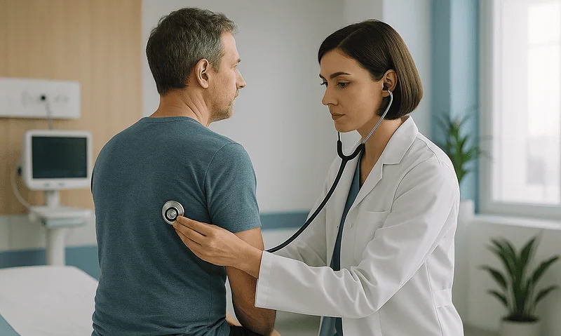 Doctor examining a patient with a stethoscope in a hospital room.
