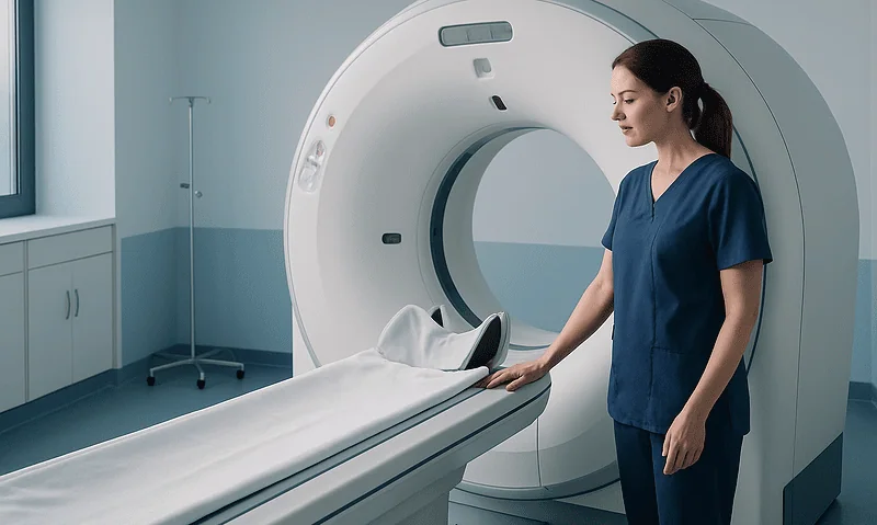 Medical professional preparing a patient for a CT scan in a hospital.