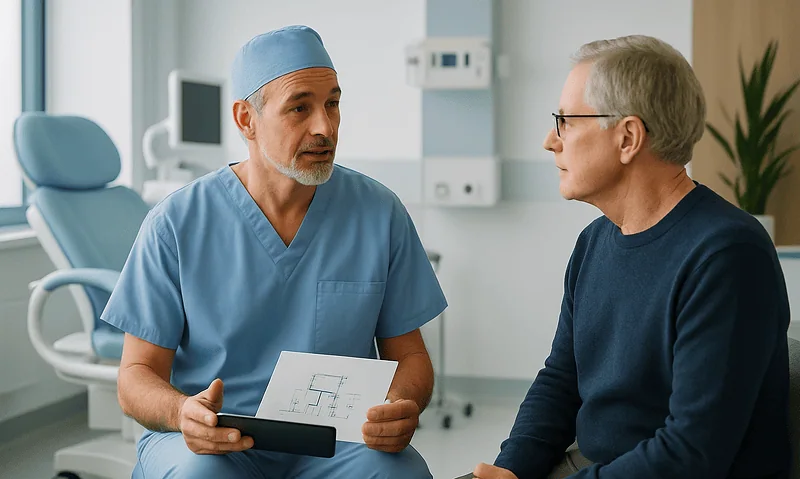 Doctor consulting with a patient in a hospital room.