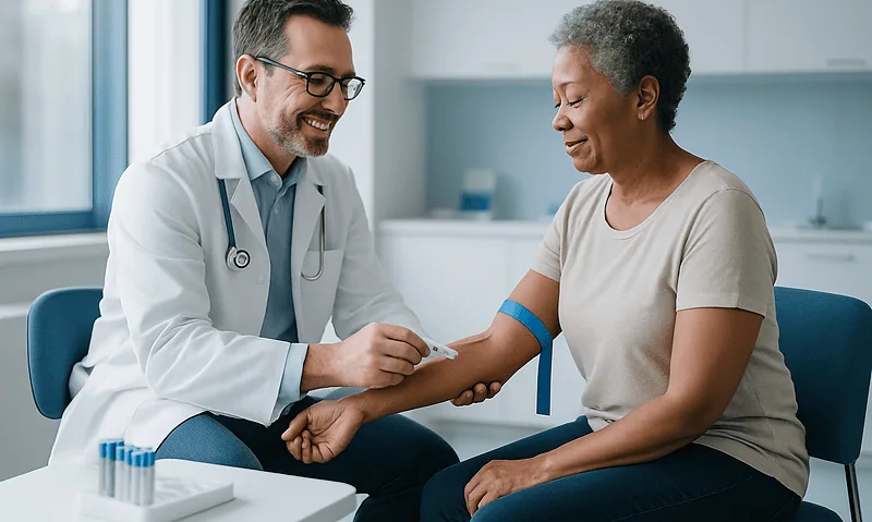 Doctor performing blood test on patient in a medical clinic.