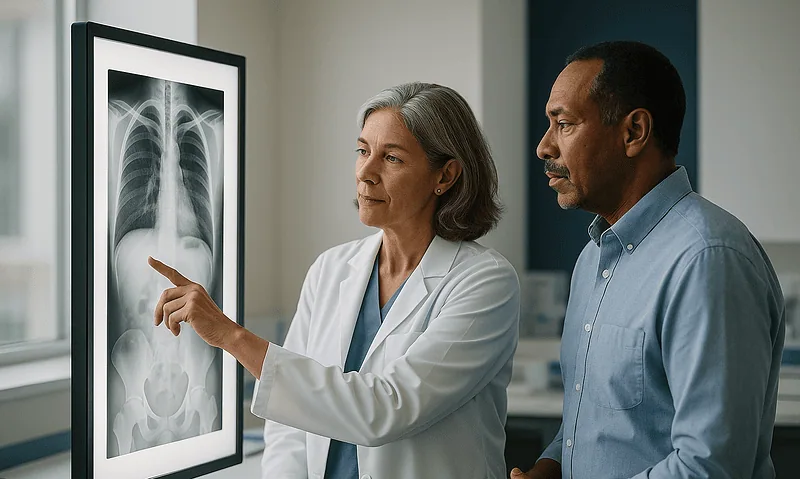 Doctor explaining chest X-ray to patient in a hospital setting.