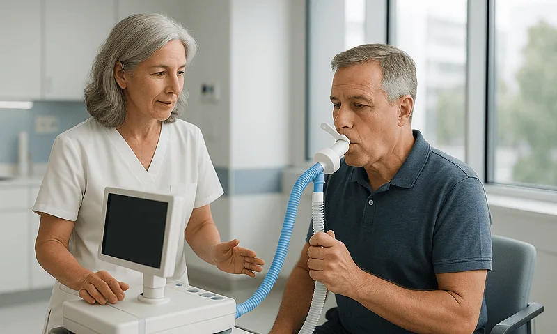 Doctor assisting patient with respiratory treatment in hospital setting.