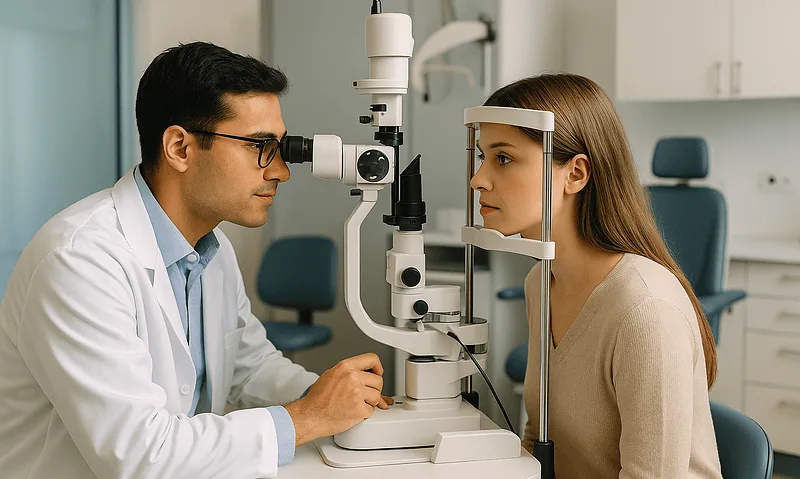 Ophthalmologist examining a patient's eyes with a slit lamp at Acibadem Hospital.