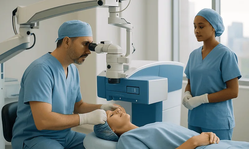 Ophthalmologist performing eye exam with advanced equipment at Acibadem Hospital.
