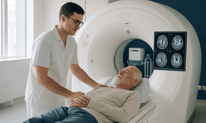 Radiology technician with elderly patient in MRI scan room at Acibadem Hospital.