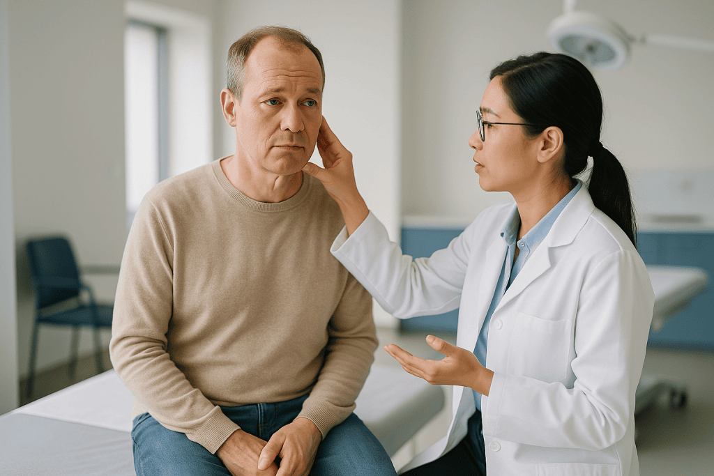 Doctor examining patient's face during medical consultation: Asymmetrical face causes: bone, soft tissue, muscle and nerve