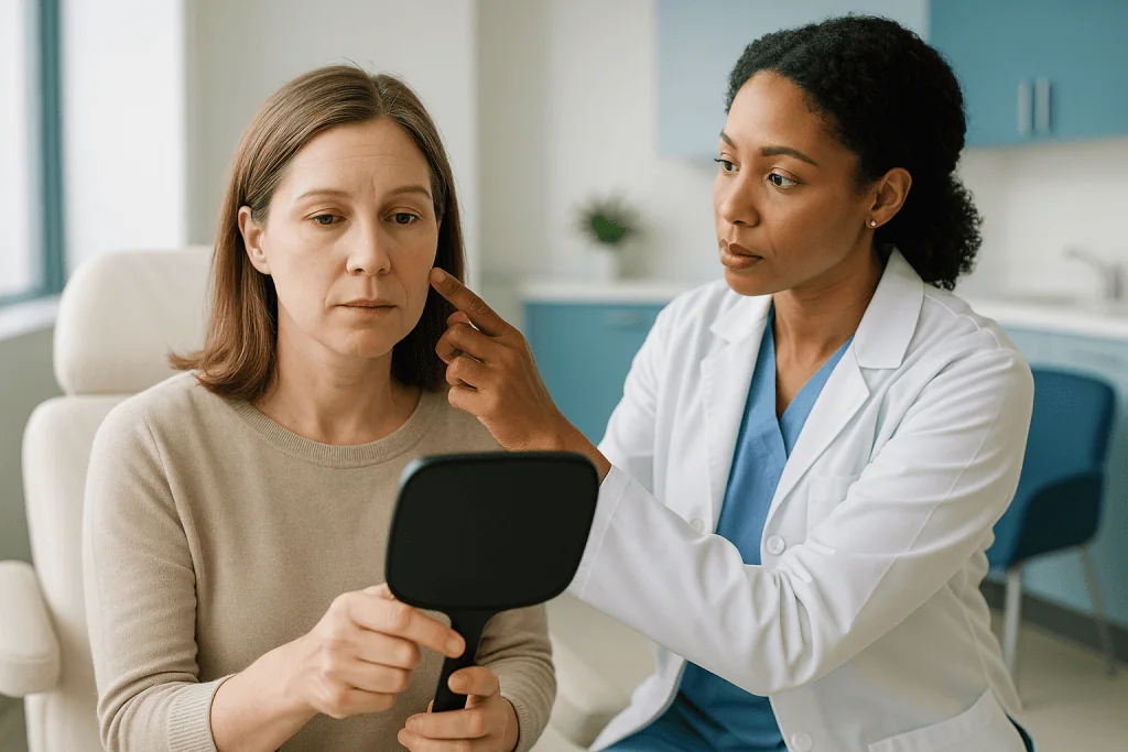 Doctor consulting with patient using tablet device: Asymmetry after cheek augmentation: what is really behind it