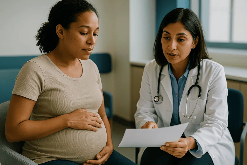 Pregnant woman consulting with female doctor reviewing medical records: Asymptomatic bacteriuria in pregnancy: the infection