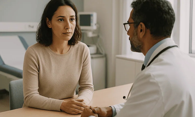 Doctor consulting a female patient in a medical office setting.