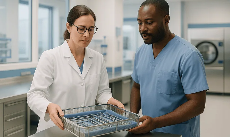 Healthcare professionals examining medical instruments in a hospital lab.