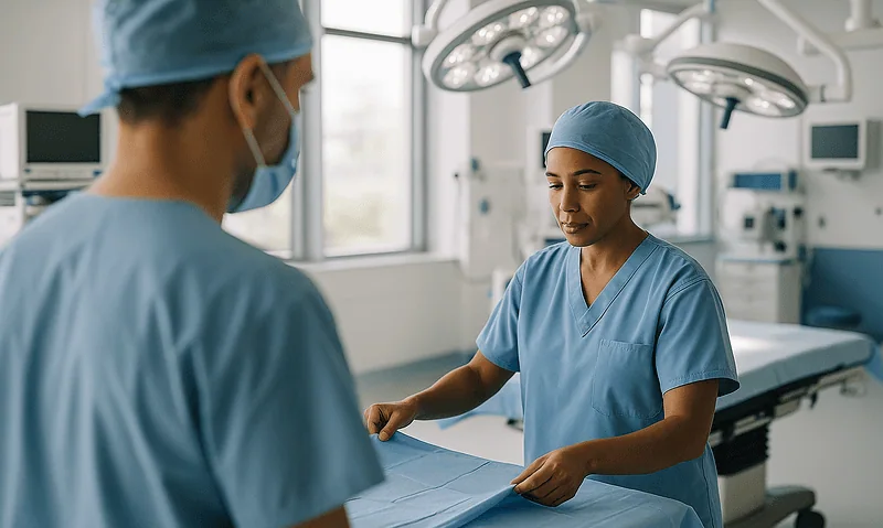 Medical team preparing in a modern hospital operating room.