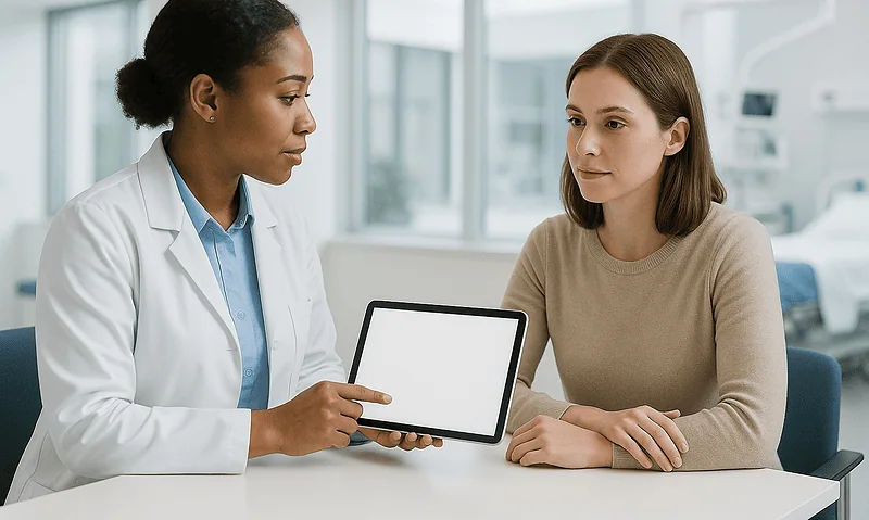 Doctor explaining treatment options to a patient with a tablet in a hospital setting.