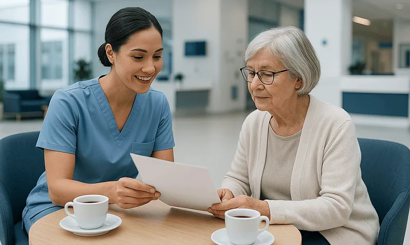 Nurse and elderly patient reviewing documents at hospital.