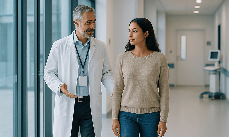 Doctor and patient discussing in hospital corridor.