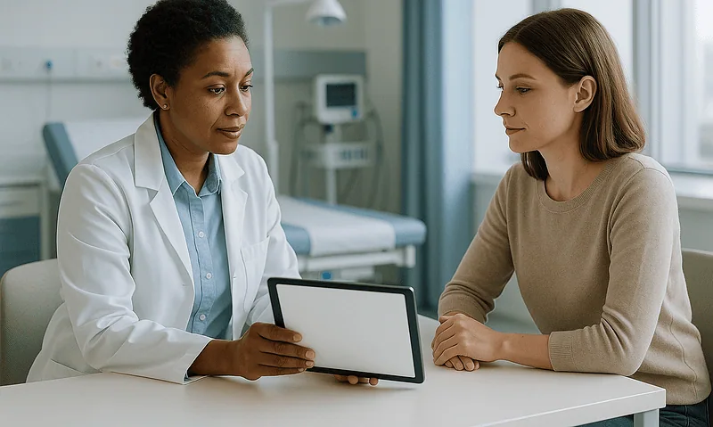 Doctor and patient discussing medical records on a tablet in a clinic.