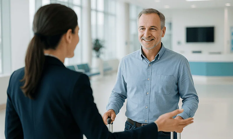 Smiling man checking in at Acibadem hospital reception.