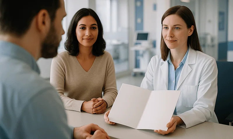 Doctor discussing health information with patients at Acibadem Hospital.