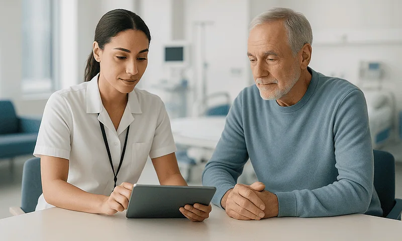 Healthcare professional consulting an elderly patient with tablet in hospital.