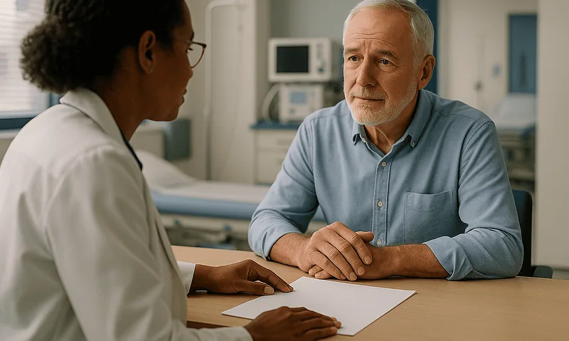 Doctor consulting with an elderly male patient in a hospital room.
