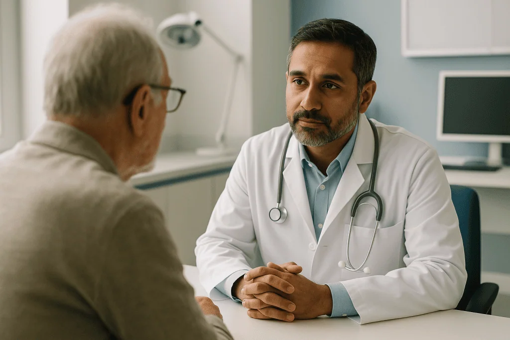 At Acibadem, How We Explain Expected Clinical Outcomes and Treatment Success Information 1 Doctor discussing treatment outcomes with an elderly patient in a clinic.