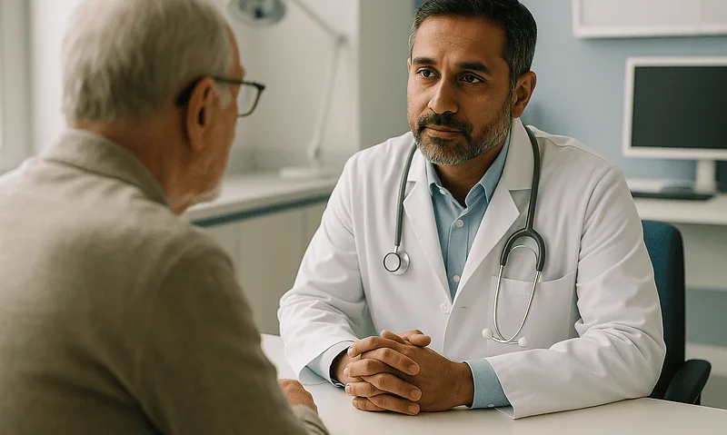 Doctor discussing treatment outcomes with an elderly patient in a clinic.