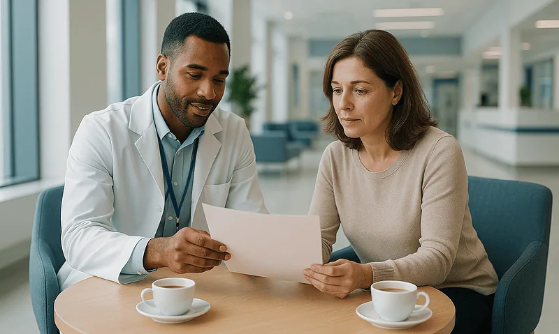 Doctor consulting with a patient about recovery needs at Acibadem Hospital.