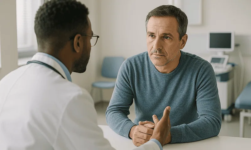 Doctor consulting with patient in a hospital room.