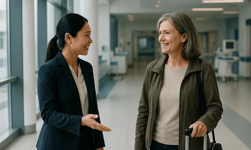 Hospital staff member consulting with a patient in a modern hospital corridor.