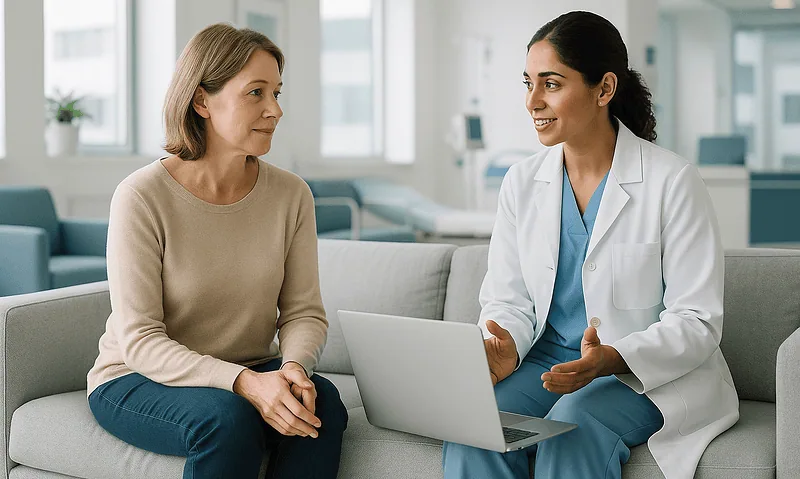 Doctor explaining treatment costs to a patient in a hospital setting.