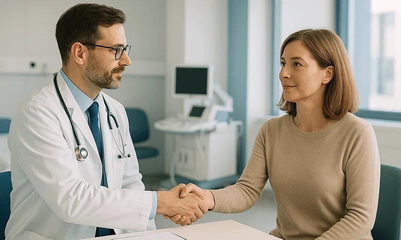 Doctor shaking hands with a female patient in a hospital consultation room.