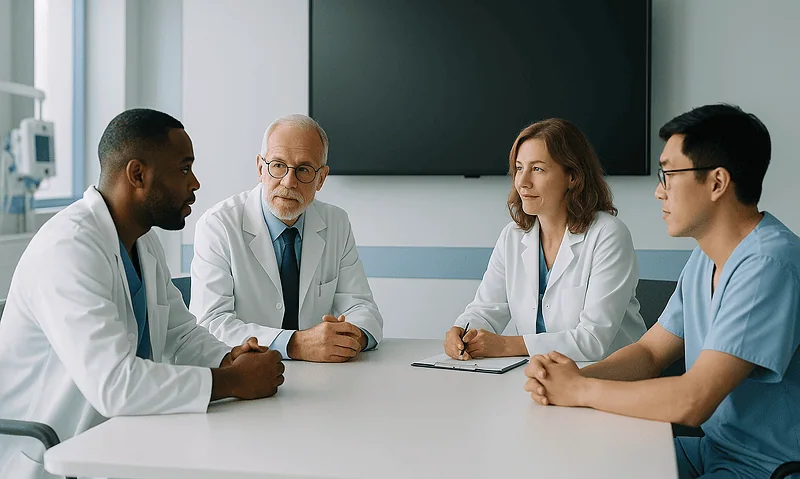 Medical team discussing post-surgery pain management strategies at Acibadem Hospital.