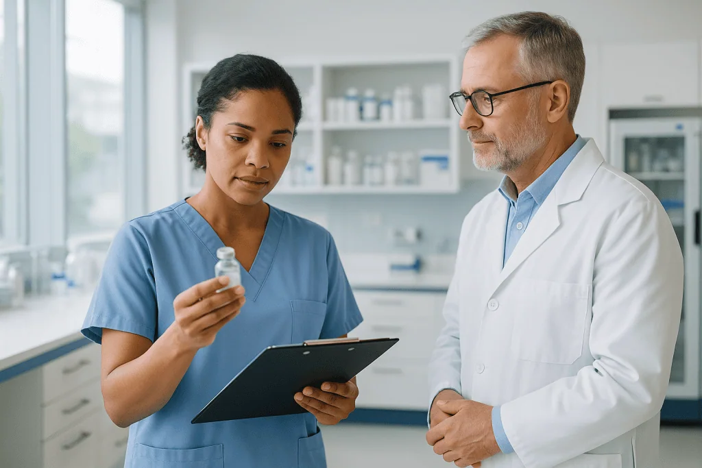 At Acibadem, How We Manage Your Medicines Before and After Treatment 1 Pharmacist and doctor discussing medication management in hospital pharmacy.
