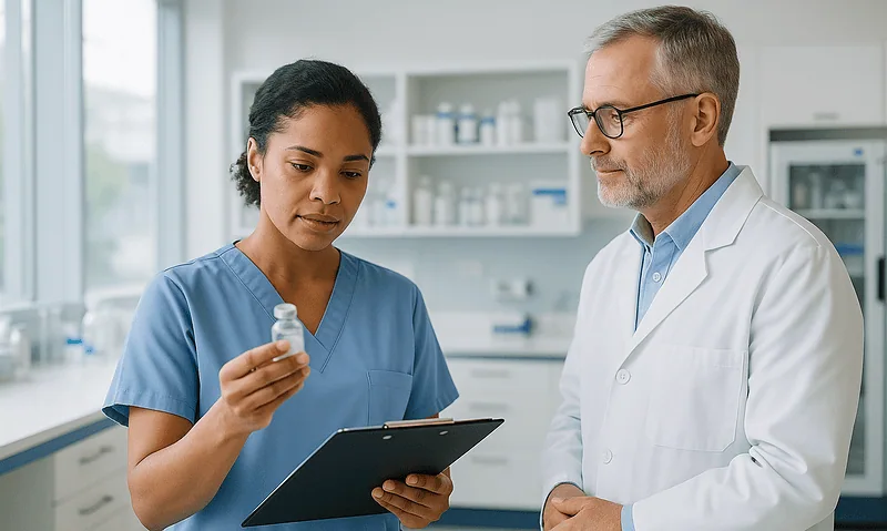 Pharmacist and doctor discussing medication management in hospital pharmacy.
