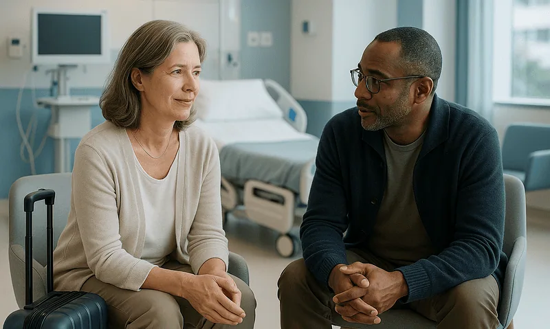 Patient and doctor having a consultation in a hospital room.