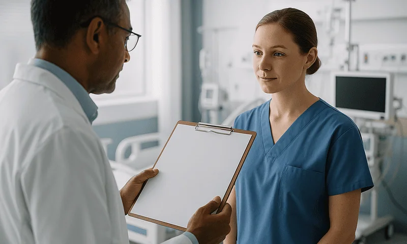 Doctor and nurse discussing patient care with medical equipment in background.