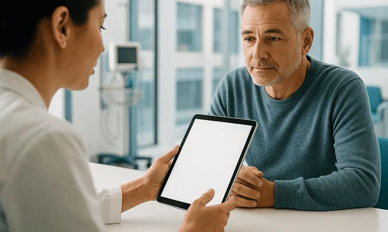 Doctor consulting with patient using a tablet at Acibadem Hospital.