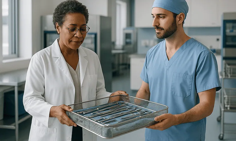 Medical professionals examining surgical instruments in a hospital setting.