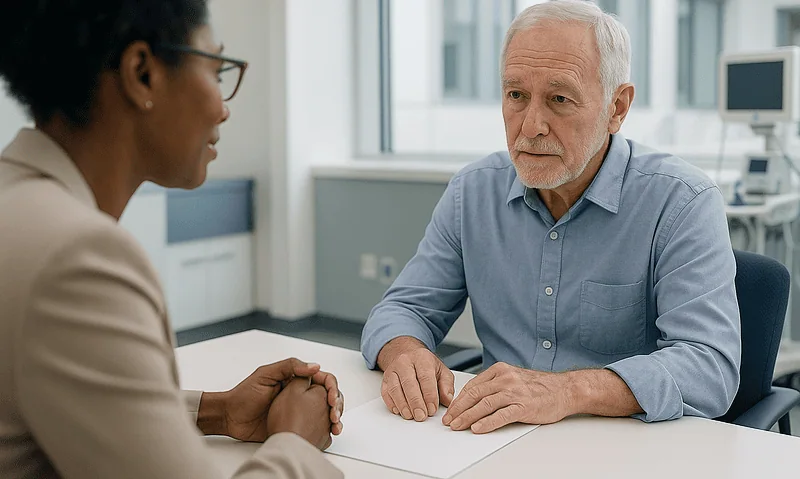 Doctor discussing discharge documents with senior patient at hospital.