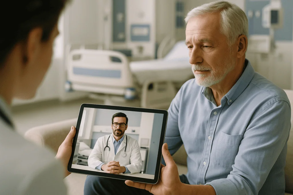 At Acibadem, What Happens After Discharge and When You Return Home 1 Senior man consulting with doctor via tablet after hospital discharge.