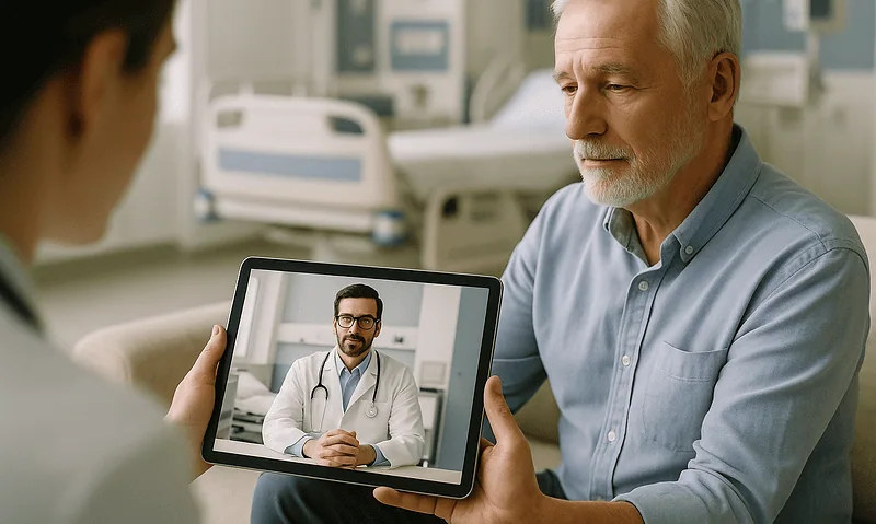 Senior man consulting with doctor via tablet after hospital discharge.
