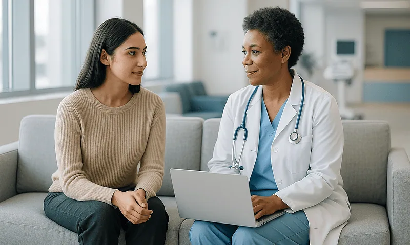 Doctor consulting with a patient in a modern hospital waiting area.