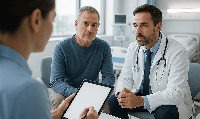 Doctor consulting with patient and nurse in hospital room.