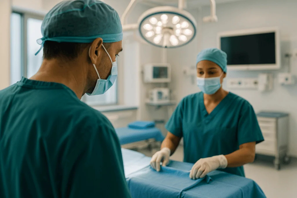 At Acibadem, What Hospital Safety Means for International Patients 1 Surgeons preparing for surgery in a modern hospital operating room.