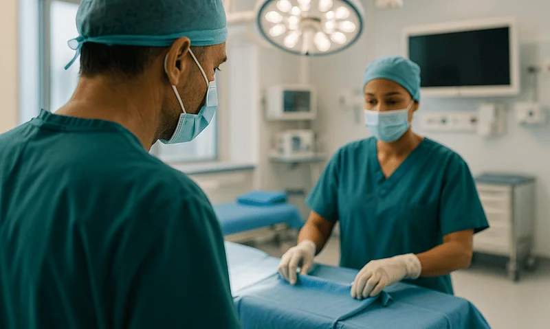 Surgeons preparing for surgery in a modern hospital operating room.