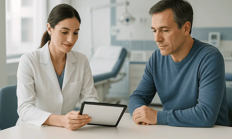 Doctor consulting with patient using a tablet at Acibadem Hospital.