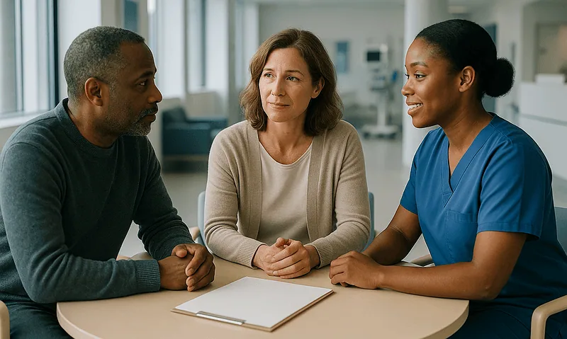 Multicultural medical consultation with healthcare professionals and patient.