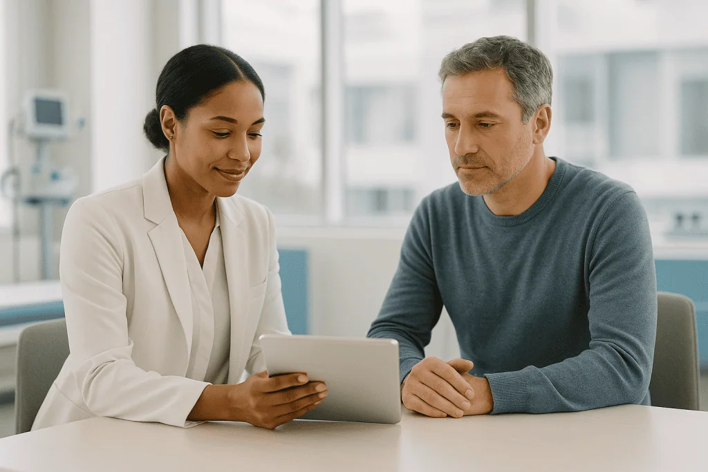 At Acibadem, What International Patients Should Know About Acibadem University and Medical Training 1 Doctor and patient reviewing medical information on a tablet at Acibadem Hospital.