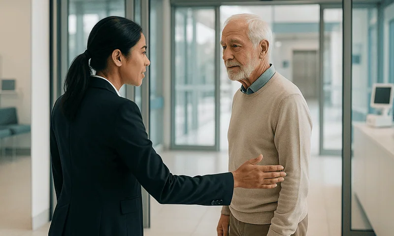 Healthcare professional consulting an elderly patient in a modern hospital.