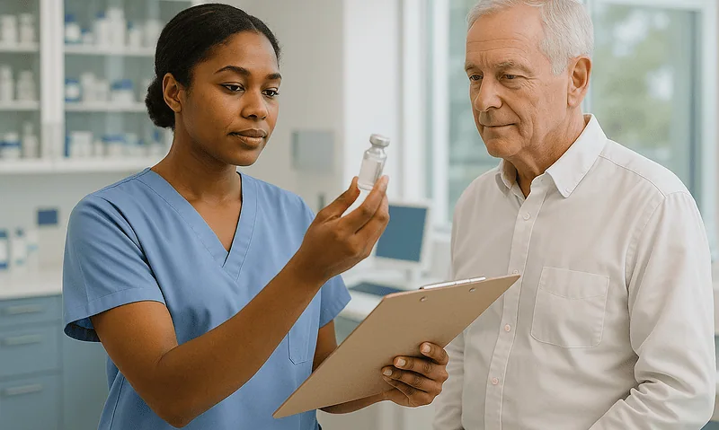 Nurse explains medication details to senior patient in hospital.